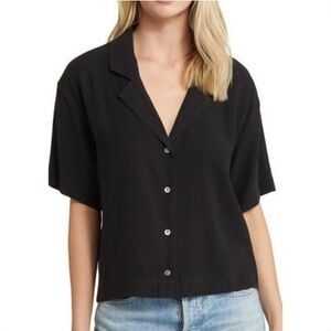 Madewell Size Small Oversized Black Button Down Cropped Lusterweave Resort Top